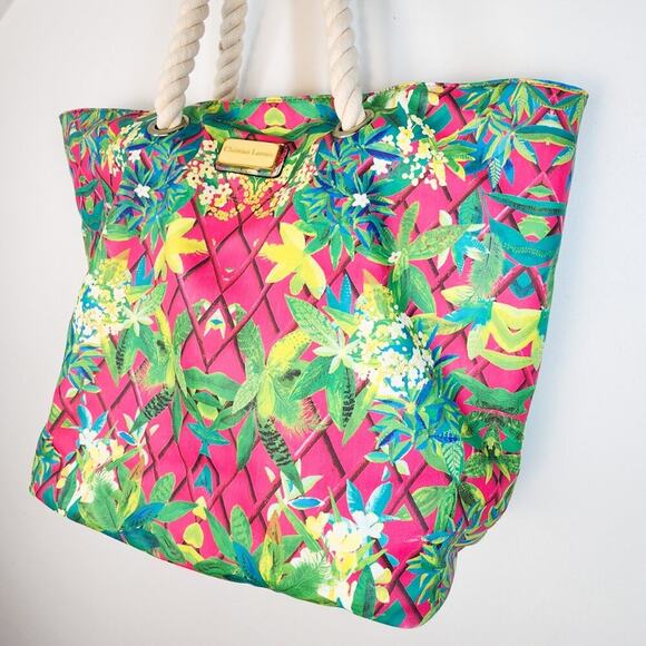 Christian Lacroix Tote Bag Pink Teal Tropical Floral Oversized Summer Beachy - Picture 3 of 6